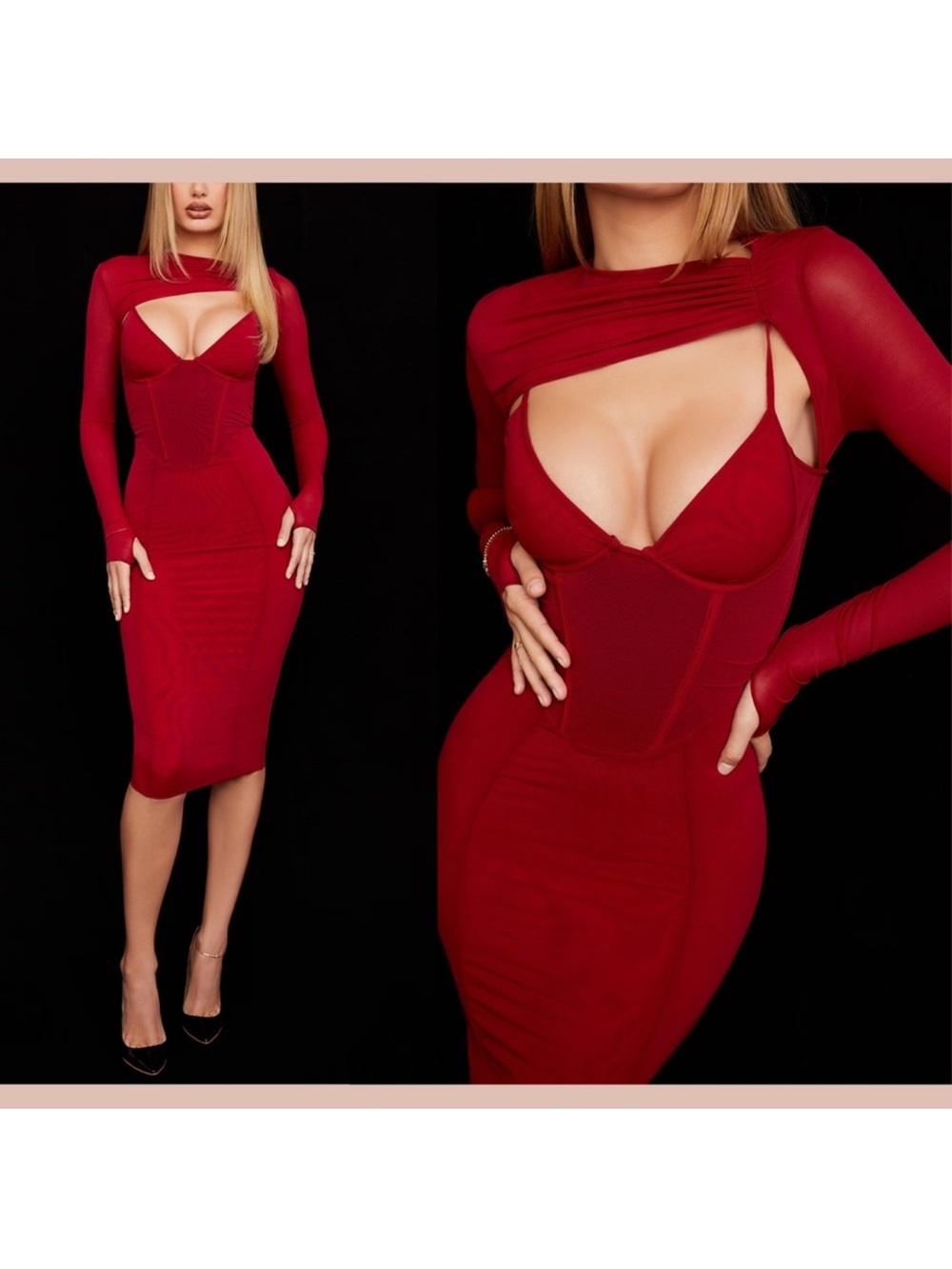 House of CB Red Long Sleeve Cutout Bodycon Midi Dress